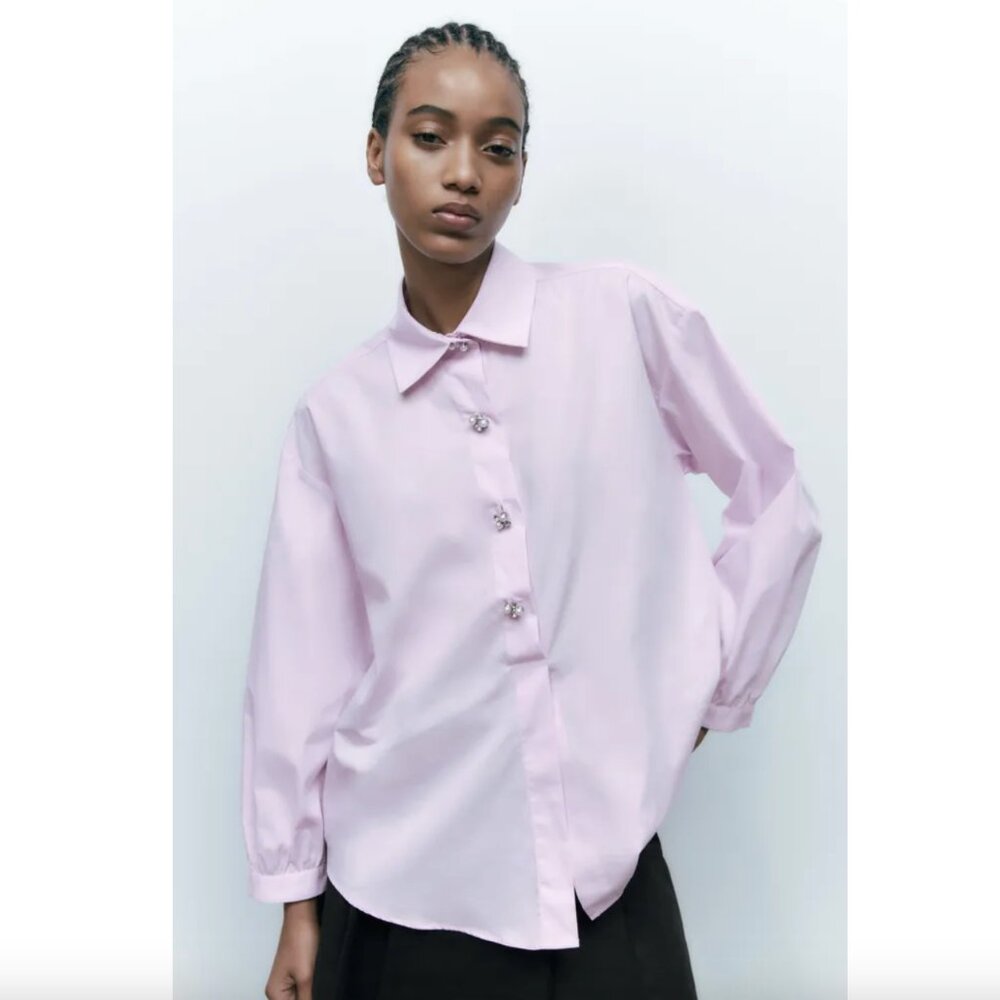 Zara PINK POPLIN SHIRT  WITH SILVER RHINESTONES JEWELRY BUTTON